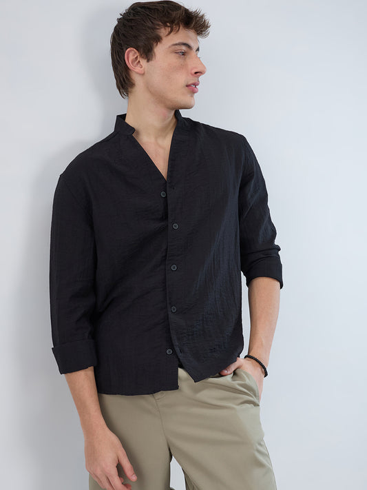 Ink Black Textured Stand Collar Oversized Shirt
