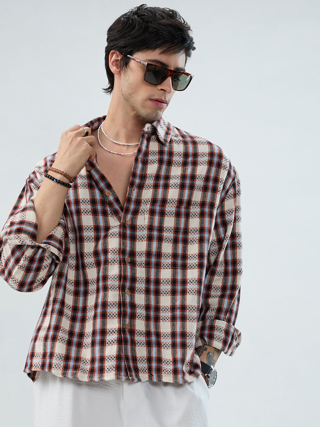 Autumn Grid Multicolor Checks Boxy Fit Crop Shirt