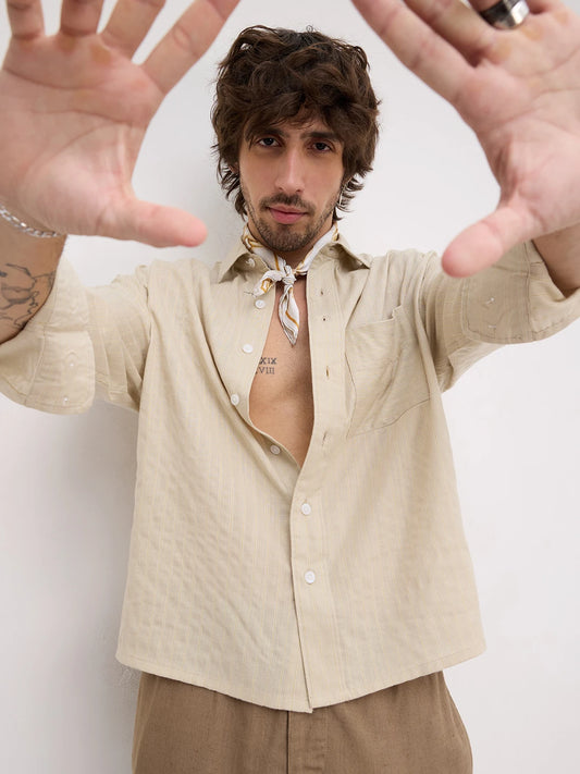 Beige Dunescape Pinstripe Boxy Fit Crop Shirt