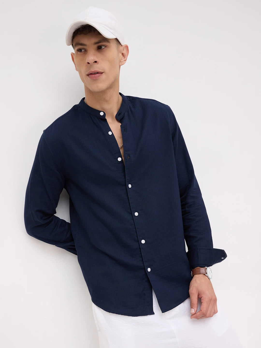 Navy Herringbone Textured Mandarin Shirt