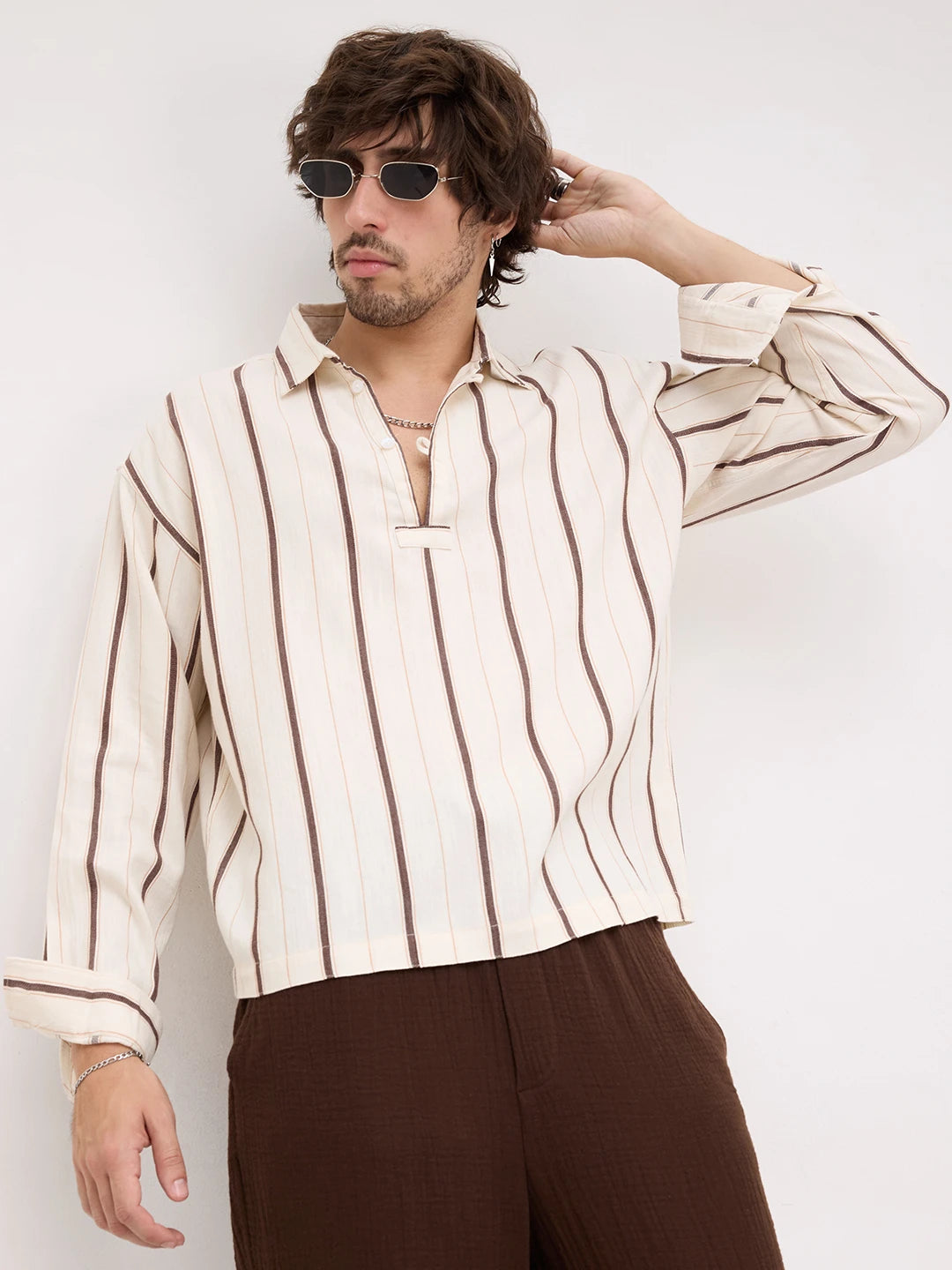 Espresso Brown & Ivory Multi Striped Loop Button Oversized Shirt