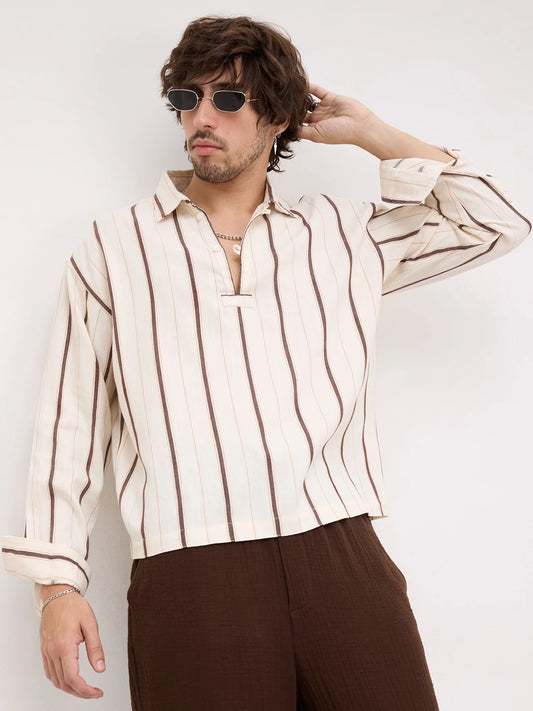 Espresso Brown & Ivory Multi Striped Loop Button Oversized Shirt