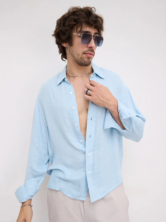 Plush Artic Blue Airloom Double Cloth Boxy Fit Crop Shirt