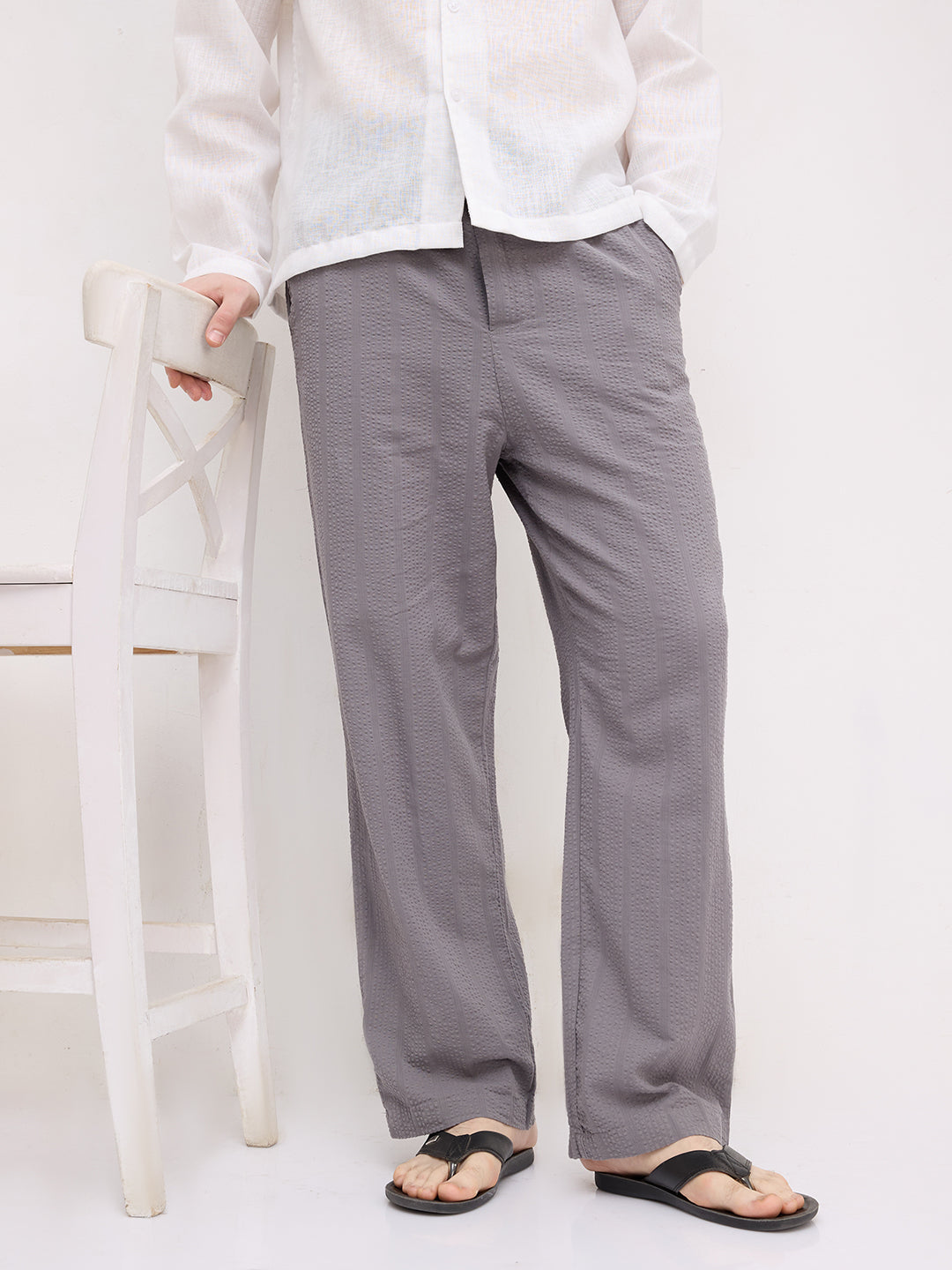 Solid Grey Seersucker Striped Straight Fit Trousers
