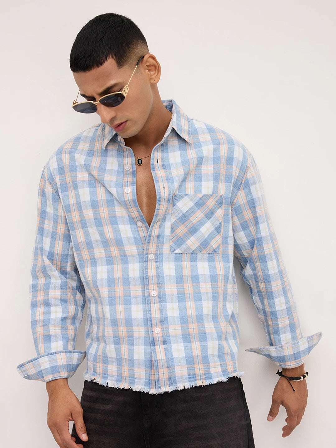 Distressed Hem Denim Blue & Peach Checks Boxy Fit Crop Shirt
