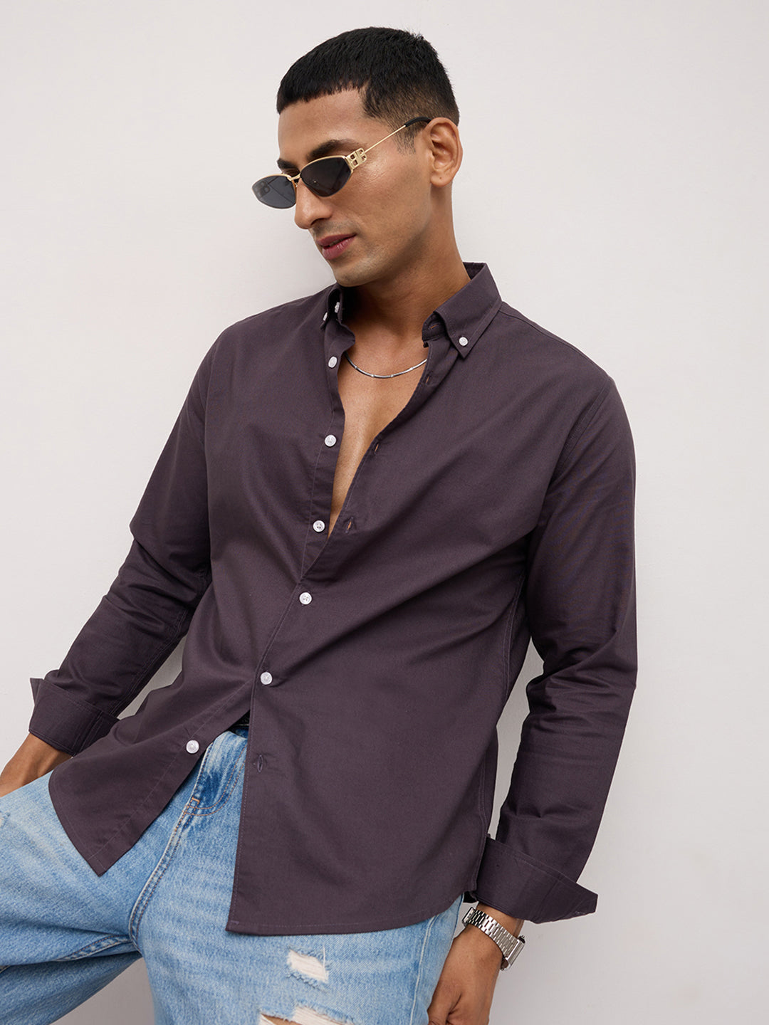 Elegant Pruple Button-Down Collar Oxford Shirt