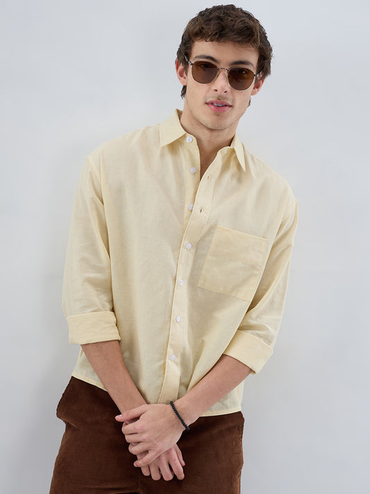 Luxe Butter Yellow Fine Sheer Linen Blend Boxy Fit Crop Shirt