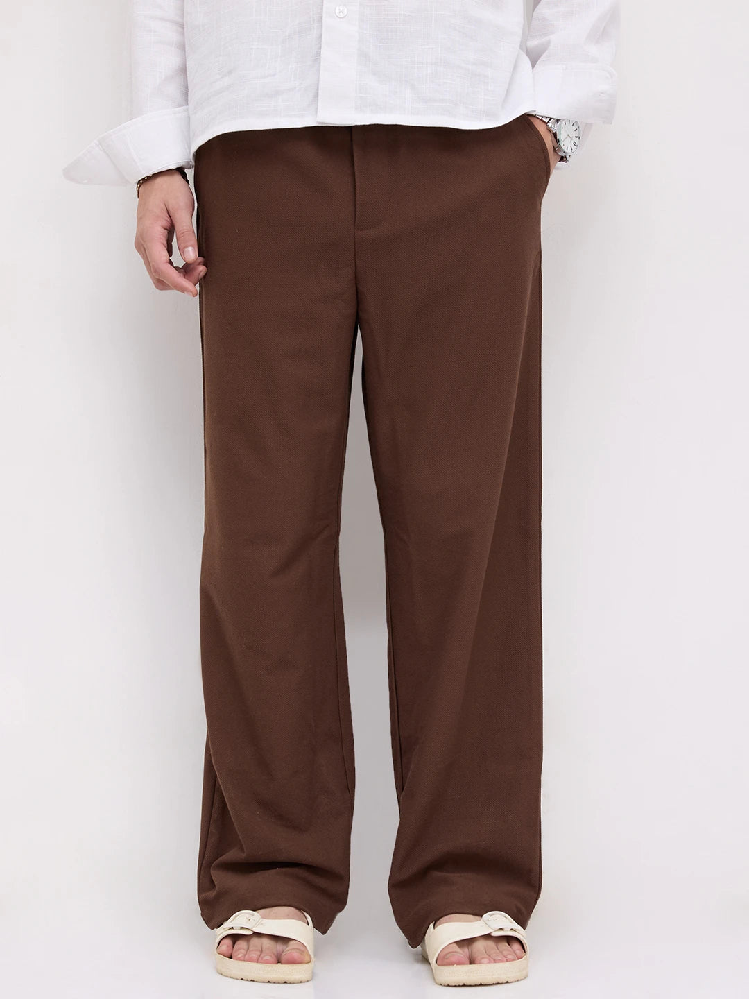 Chocolate Brown Diagonal Textured Knitted Straight Leg Trousers