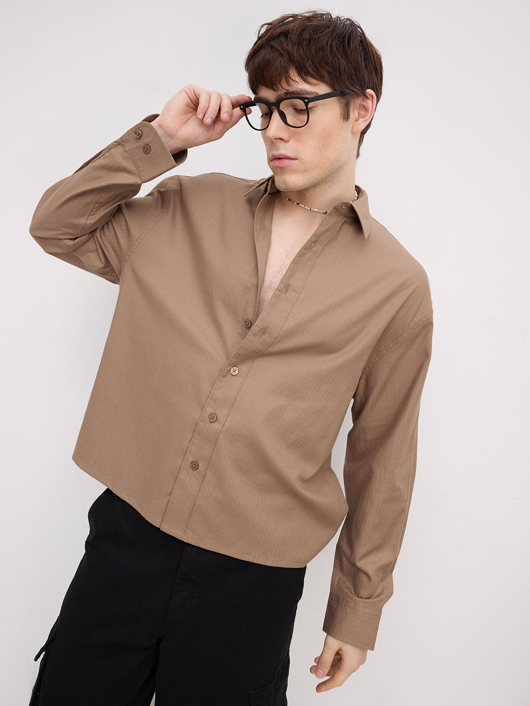 Deep Khaki Herringbone Textured Boxy Fit Crop Shirt