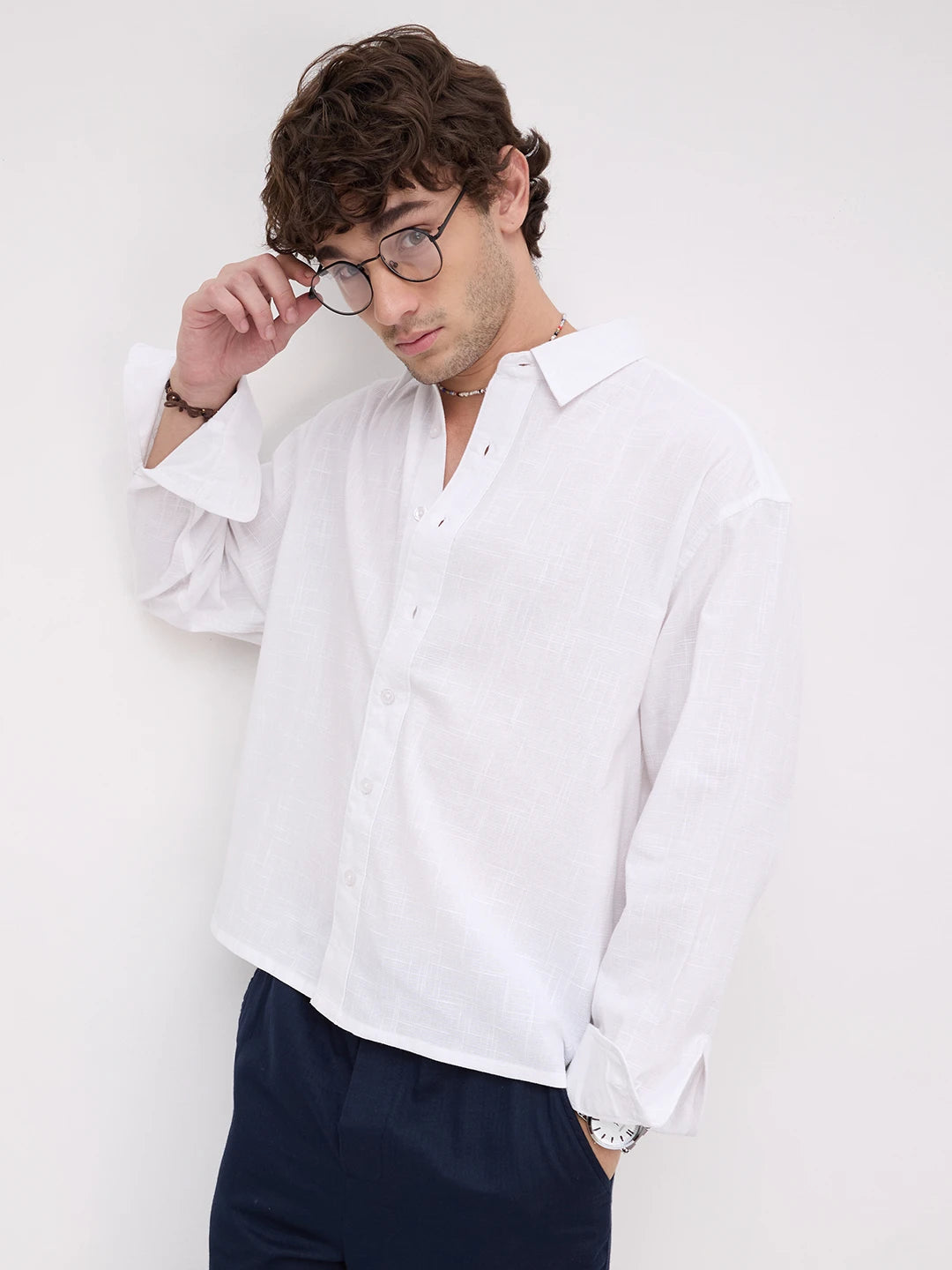 Sheer Snow White Micro Textured Boxy Fit Crop Shirt