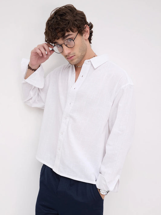 Sheer Snow White Micro Textured Boxy Fit Crop Shirt