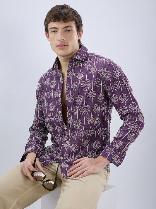 Aubergine Floral Embroidered Slub Shirt