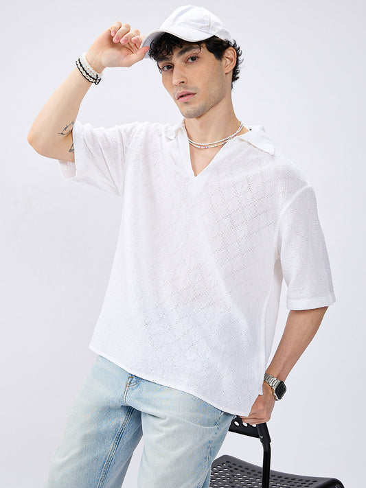 White Artisan Loop Weave Crochet Oversized Polo shirt