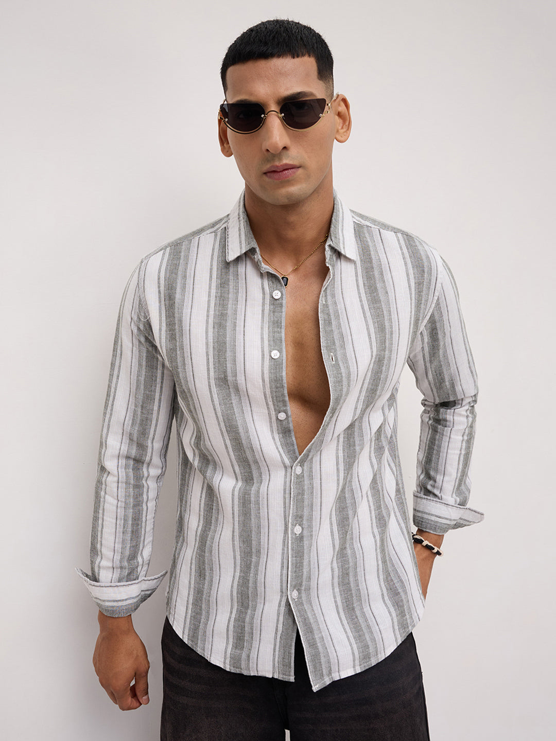 Ash Grey Shadow Striped Linen Blend Shirt
