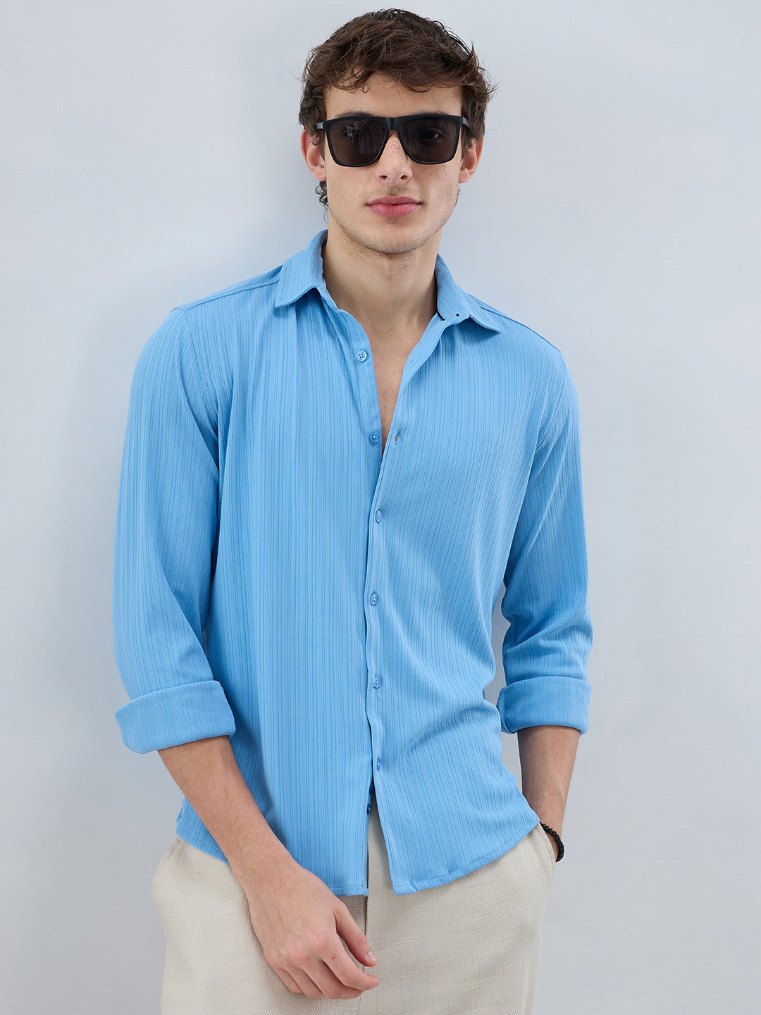 Sky Blue Fine Vertical Ribbed Knitted Shirt
