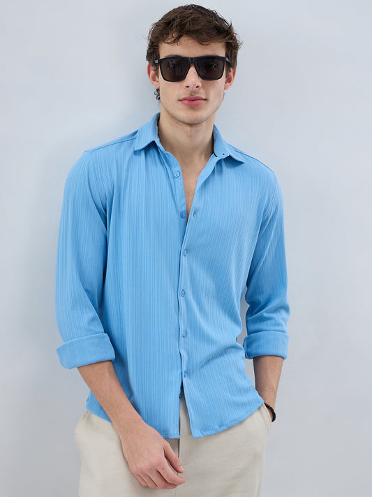 Sky Blue Fine Vertical Ribbed Knitted Shirt