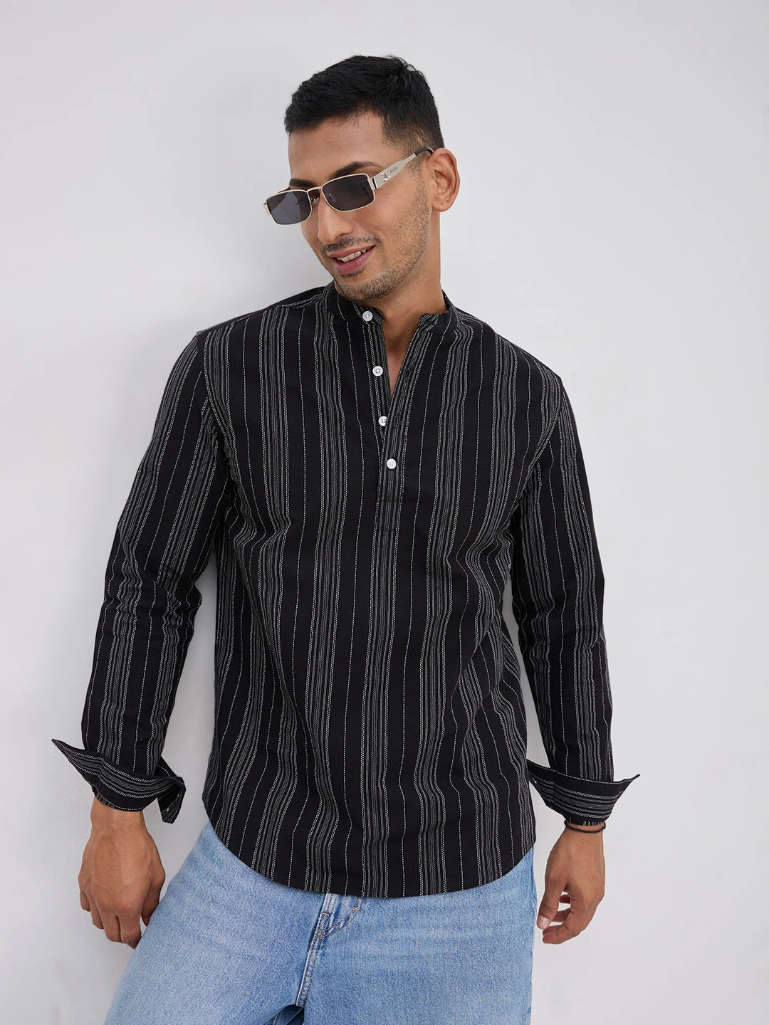 Jet Black Fine Threadwork Striped Kurta