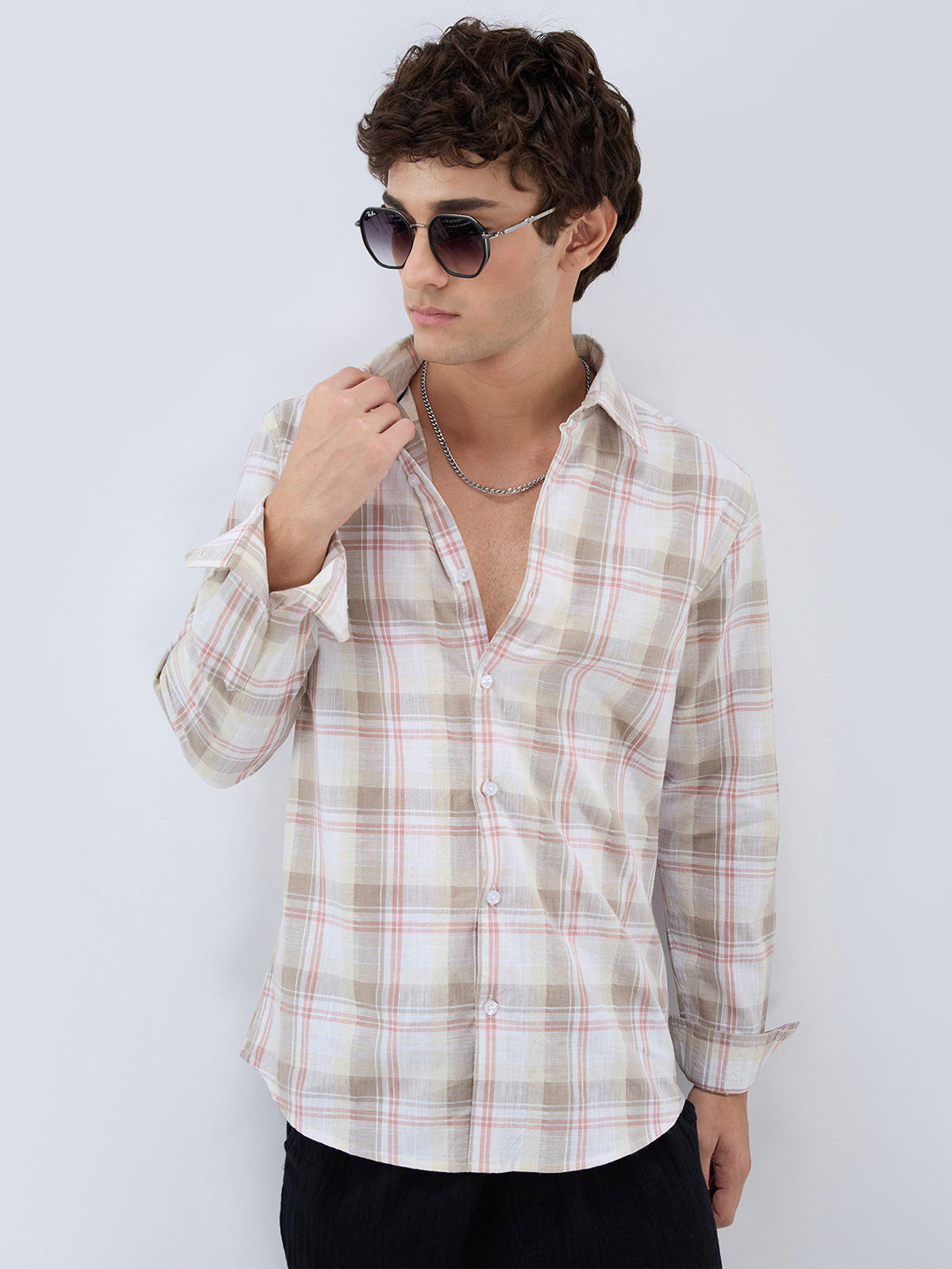 Pink & Brown Fine Weave Plaid Checks Shirt