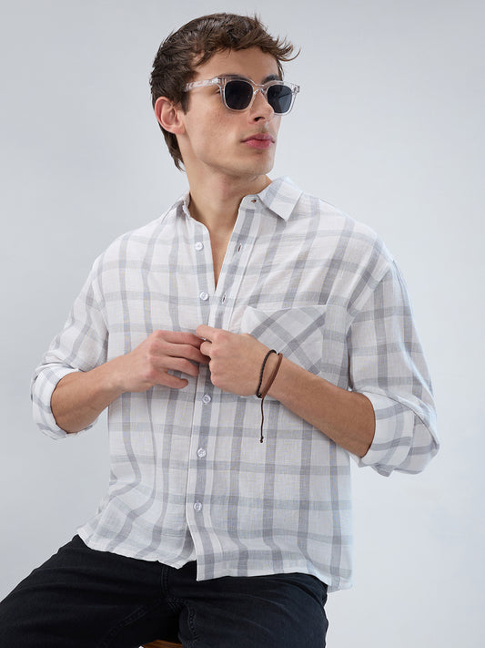Stone Grey Checks  Fine-Weave Boxy Fit Crop Shirt