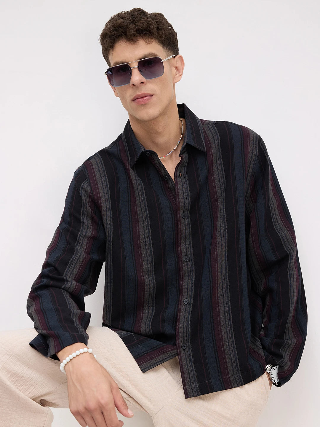 Luxe Multi-Striped Cuffless Oversized Shirt