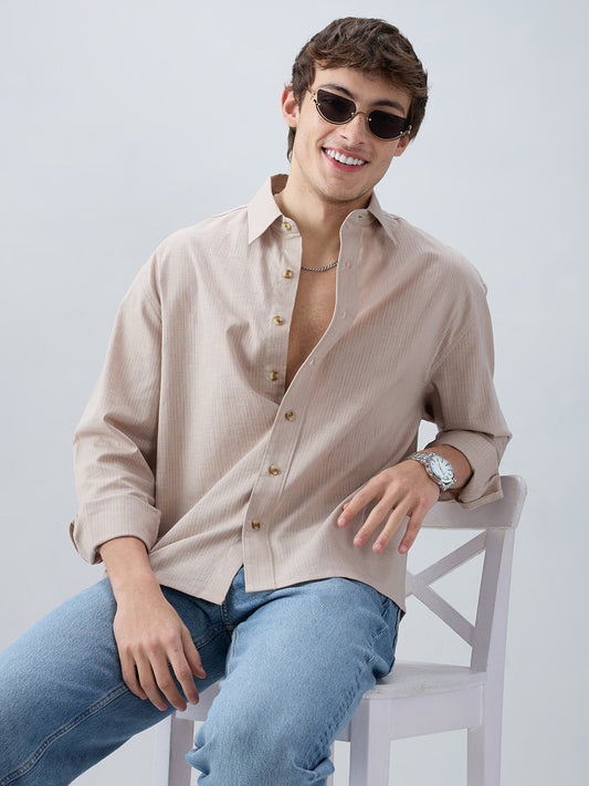 Neutral Beige Airy Slub Textured Boxy Fit Crop Shirt