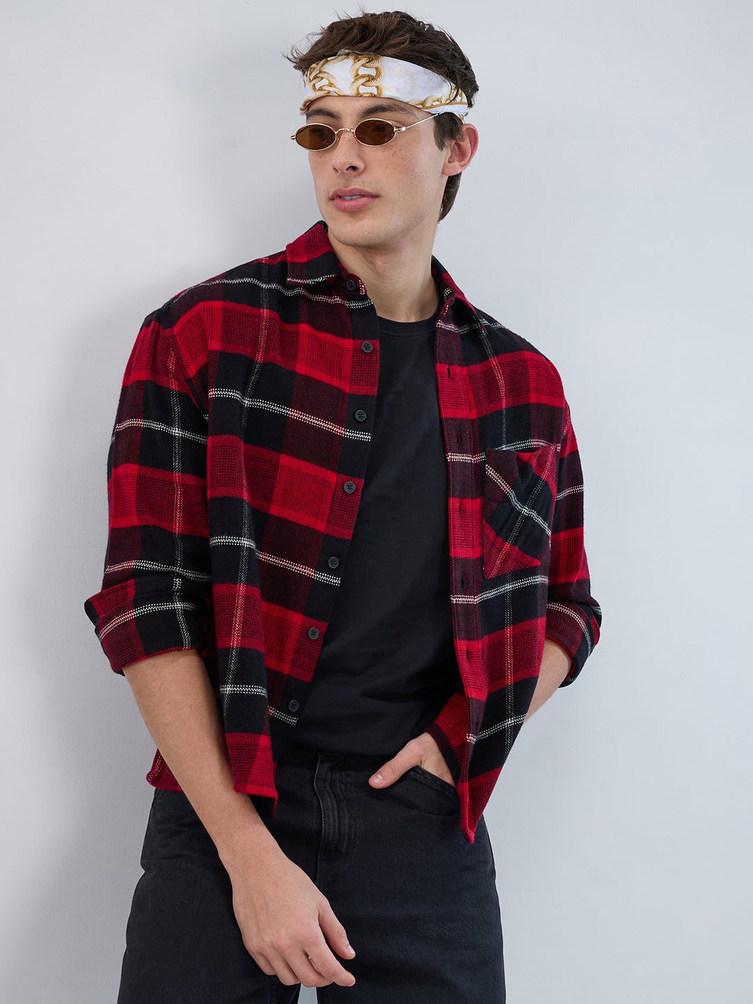 Premium Red & Black Flannel Checks Boxy Fit Crop Shirt