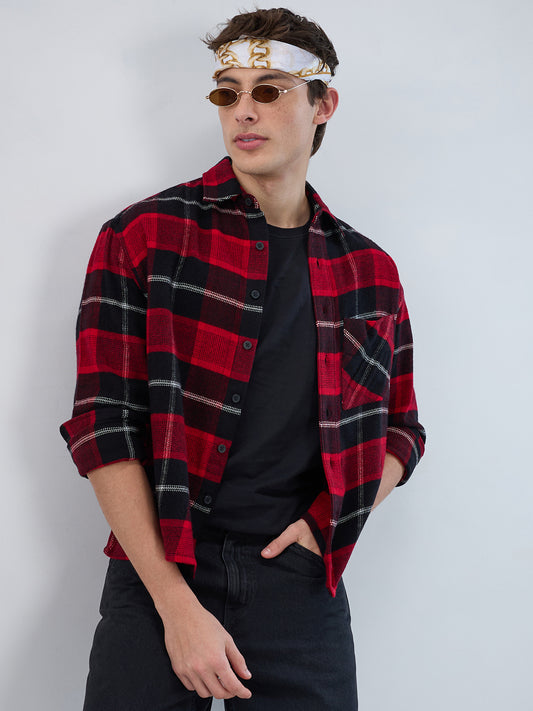 Premium Red & Black Flannel Checks Boxy Fit Crop Shirt