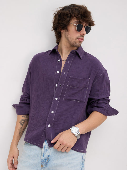 Aubergine Purple Contrast Stitch Double Cloth Boxy Fit Crop Shirt