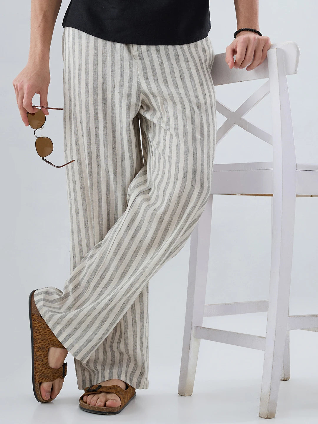 Olive & Ivory Striped Linen Blend Wide Leg Trousers
