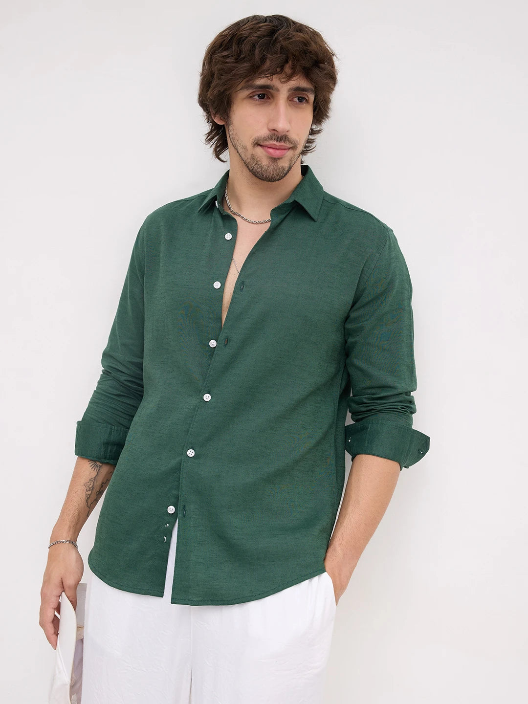 Luxe Forest Green Linen Blend Shirt
