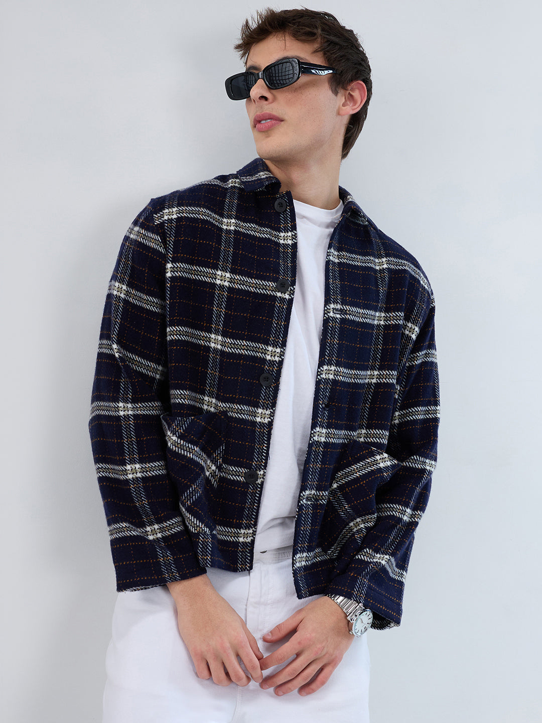 Navy Tartan Checks Double Pocket Flannel Shacket