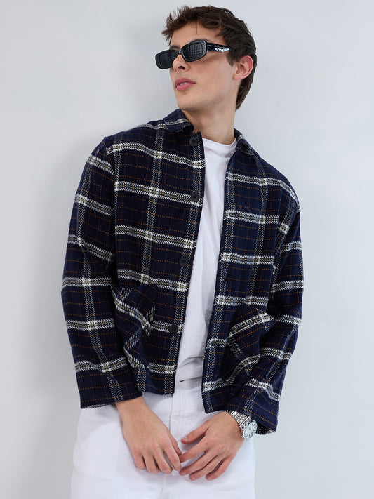 Navy Tartan Checks Double Pocket Flannel Shacket