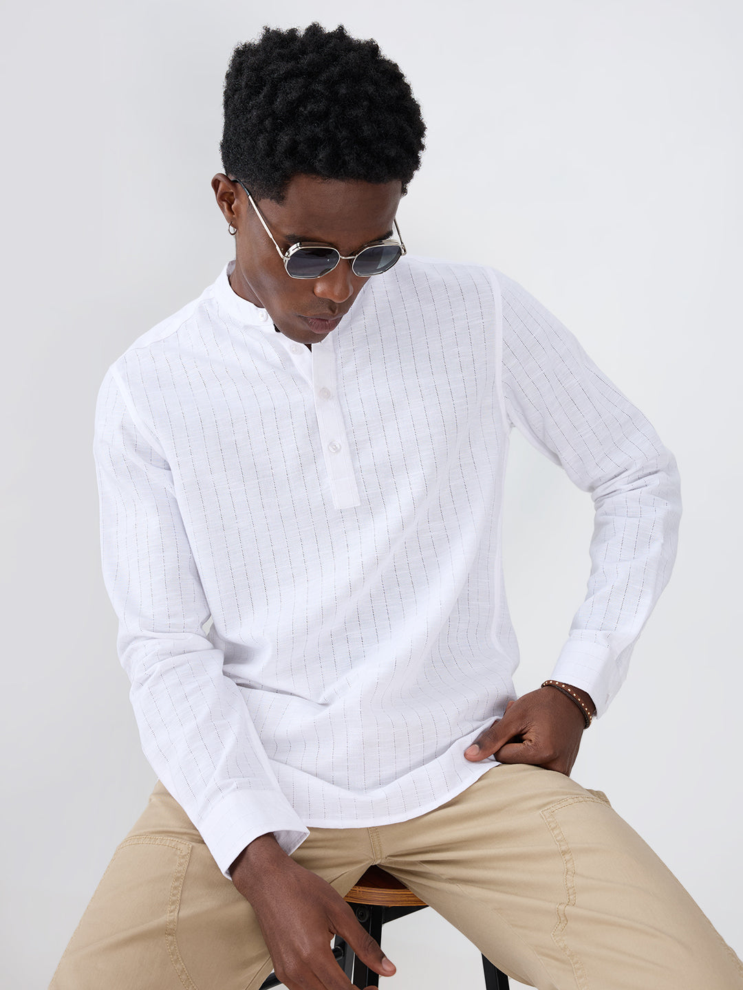 Pearl White Ladder Striped Subtle Textured Kurta