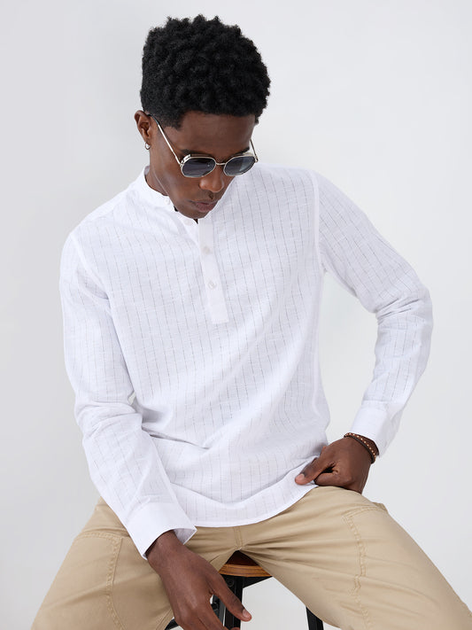 Pearl White Ladder Striped Subtle Textured Kurta