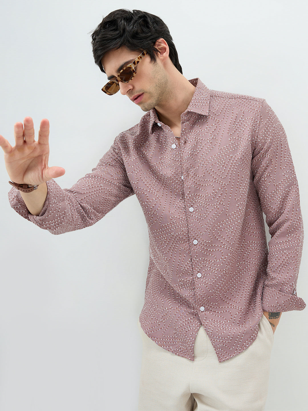 Ornate Brown Thread Flow Raised Stitch Shirt