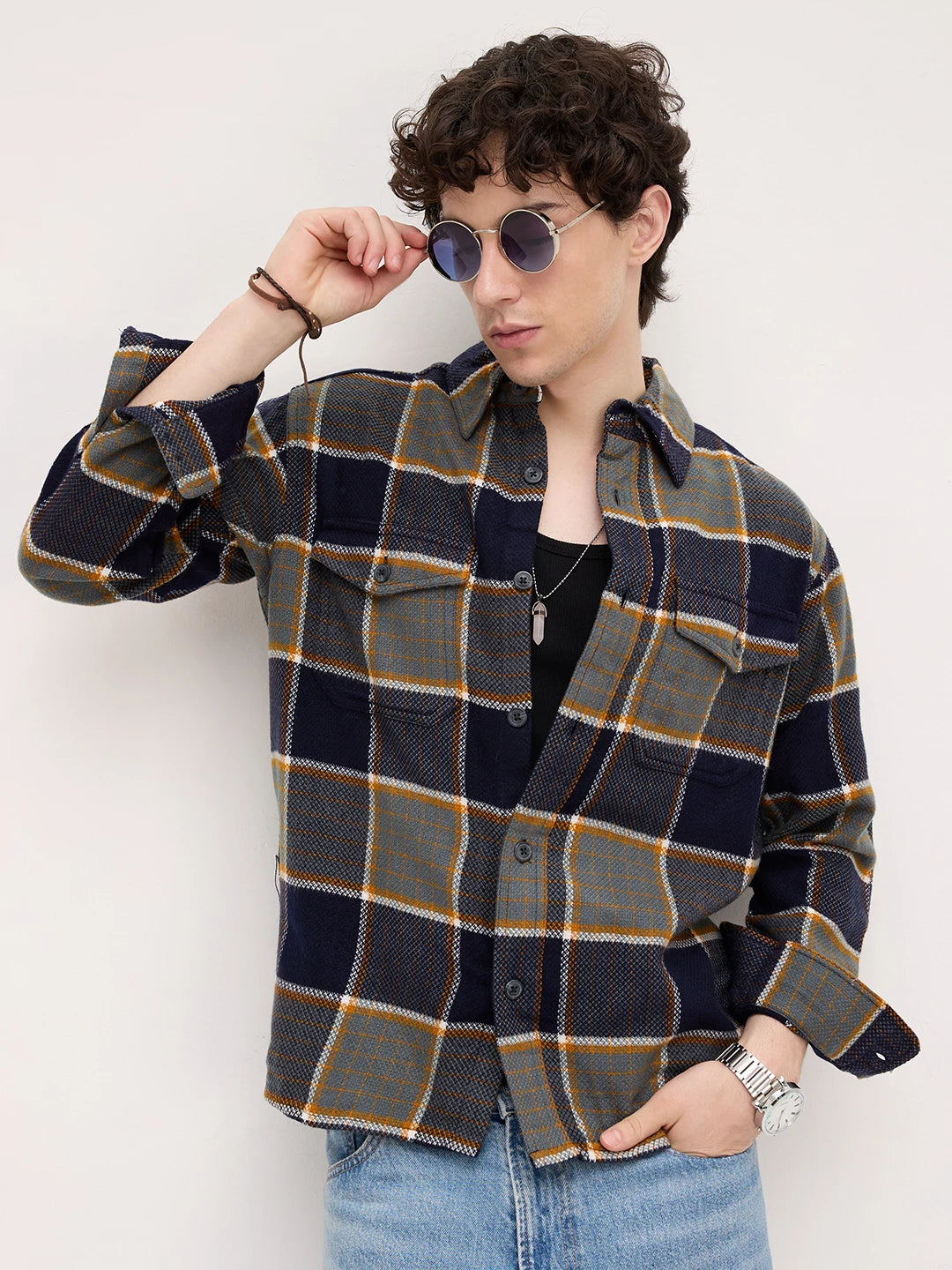 Elevated Multicolor Checks Double Pocket Boxy Fit Flannel Crop Shirt
