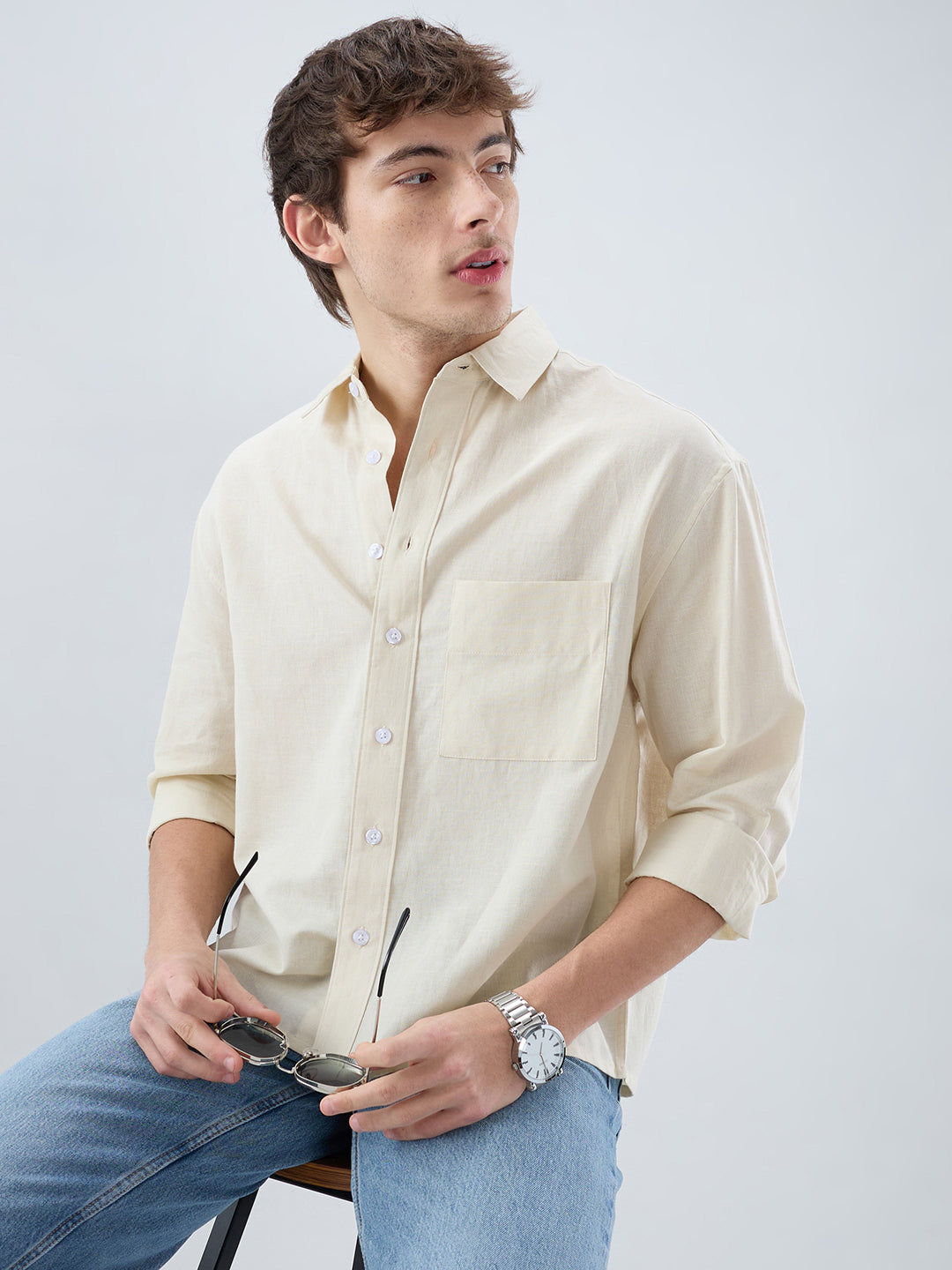 Luxe Off-White Fine Sheer Linen Blend Boxy Fit Crop Shirt