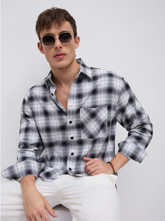 Black & White Tartanique Checked Boxy Fit Crop Shirt