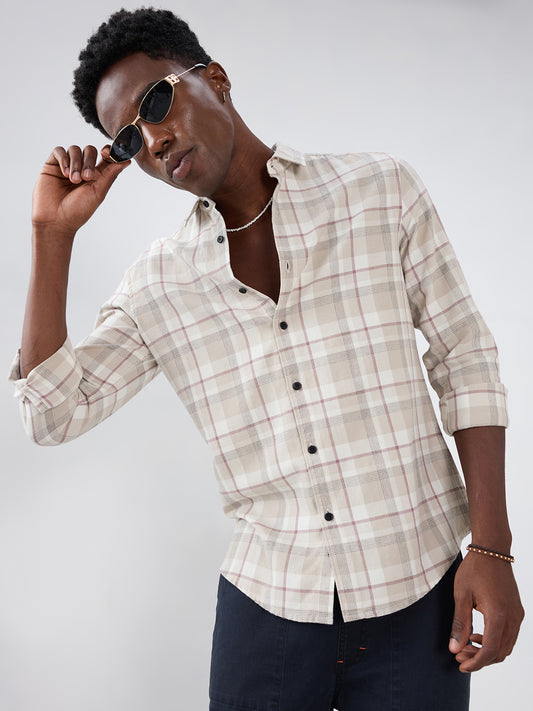 Beige Micro Herringbone Windowpane Checks Shirt