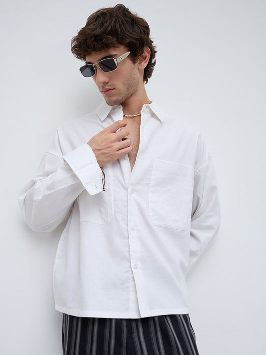 Essential White Crop Boxy Fit Linen Blend Utility Shirt