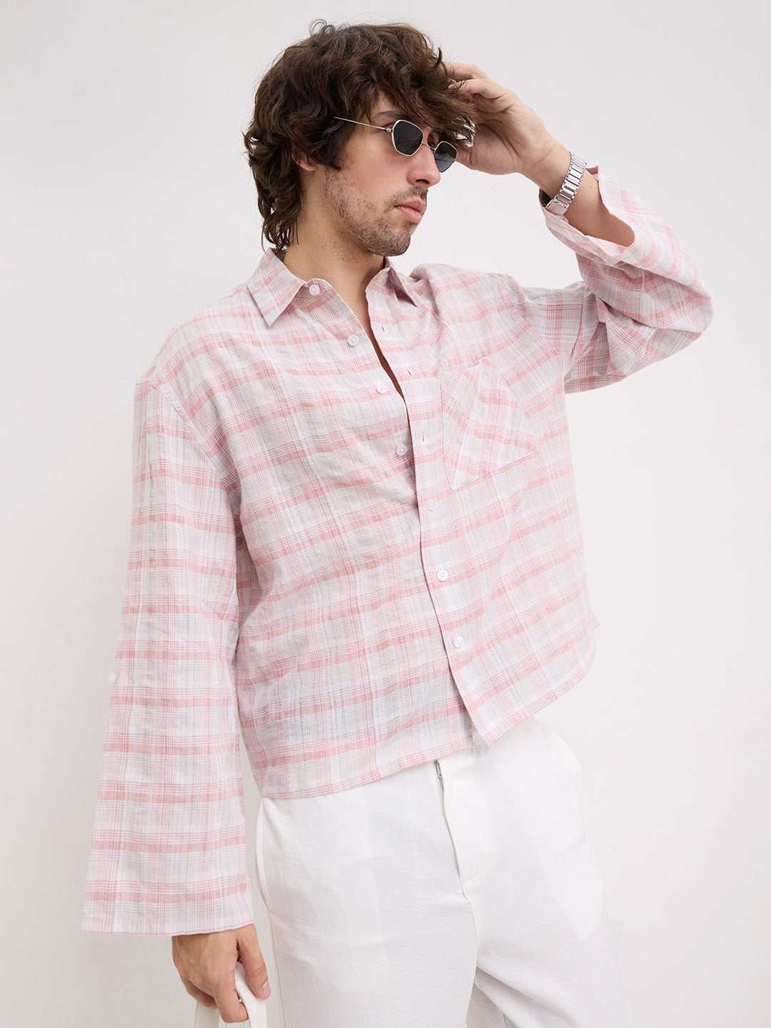 Peachy Pink & Grey Plaid Checks Oversized Cuffless Crop Shirt