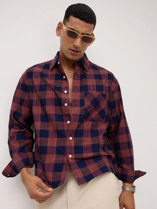 Autumn Navy & Brown Block Checks Boxy Fit Crop Shirt