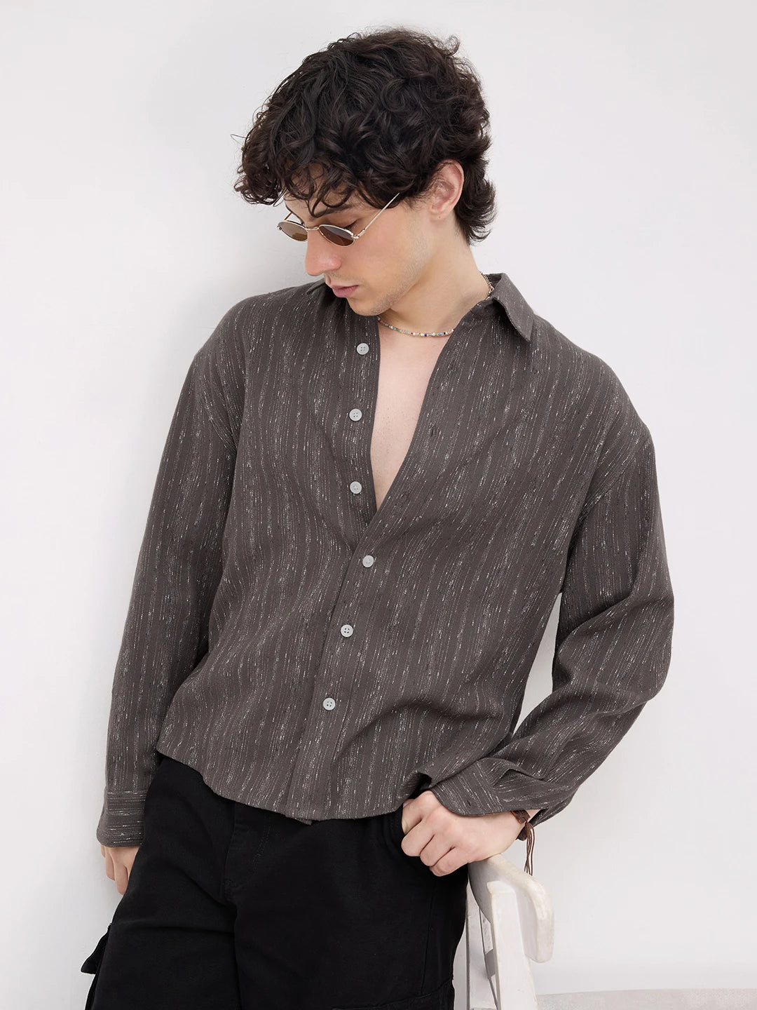 Deep Grey Artisan Loomscape Boxy Fit Crop Shirt