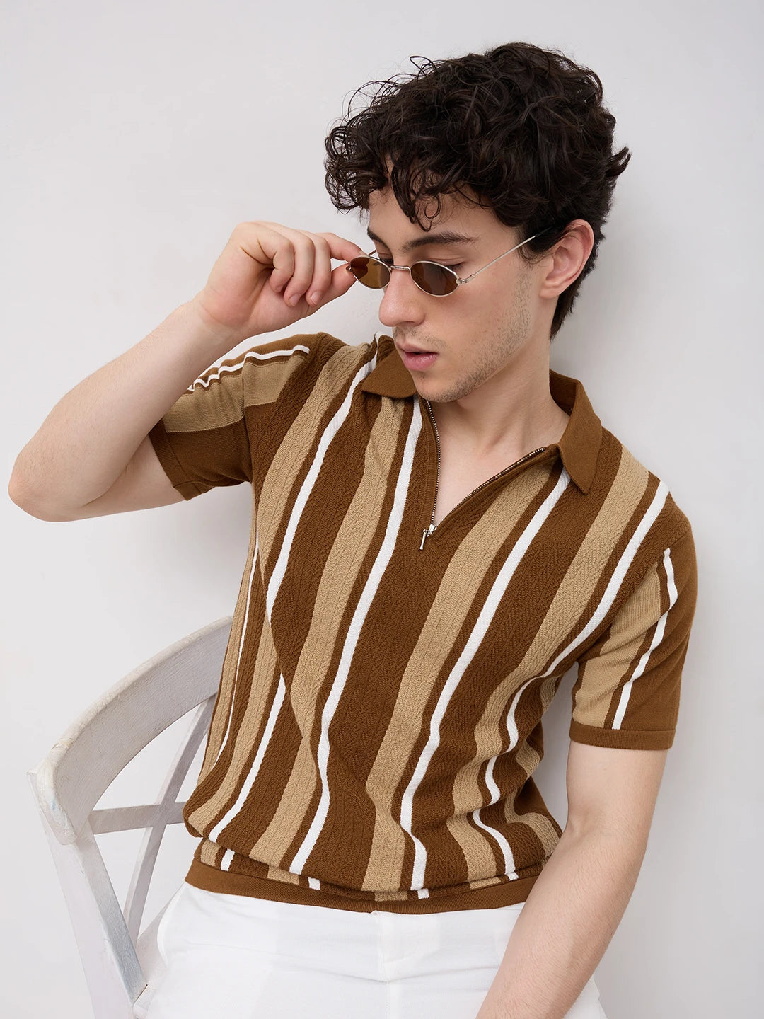 Retro Riviera Vertical Flat Knit Polo T-Shirt