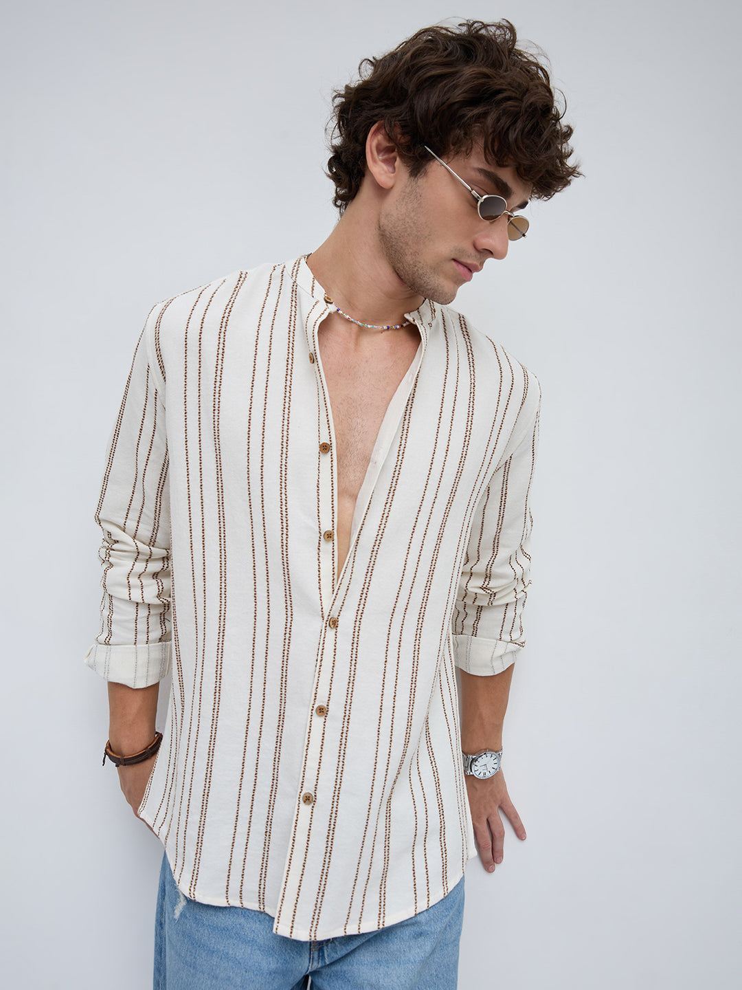 Off White & Olive Embroidered Striped Mandarin Shirt