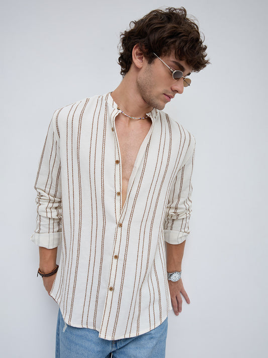 Off White & Brown Embroidered Striped Mandarin Shirt