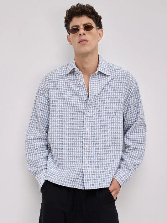 Slate Blue Mosaic Textured Boxy Fit Crop Shirt