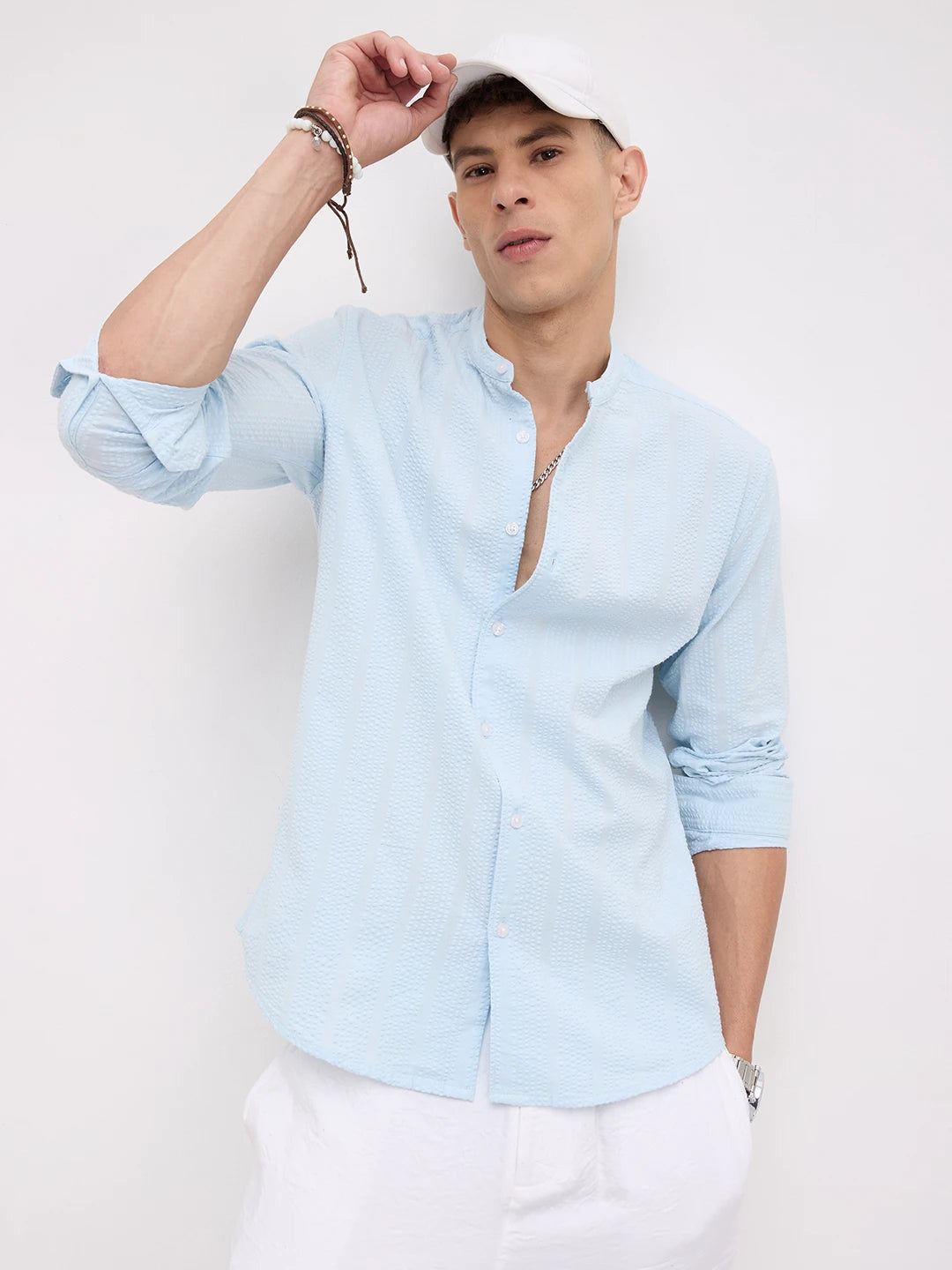 Luxe Sky Blue Seersucker Mandarin Shirt
