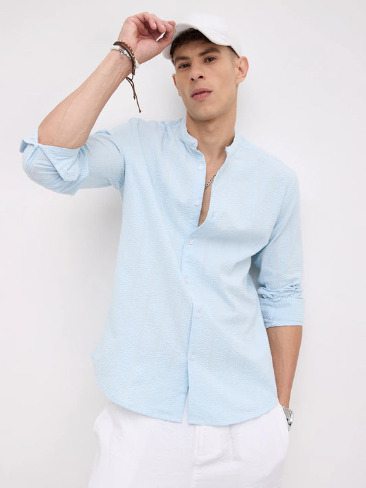 Luxe Sky Blue Seersucker Mandarin Shirt