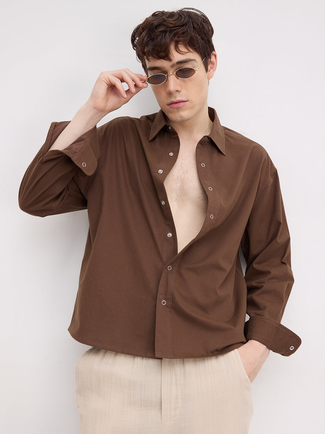 Luxe Chocolate Brown Cord Boxy Fit Crop Shirt